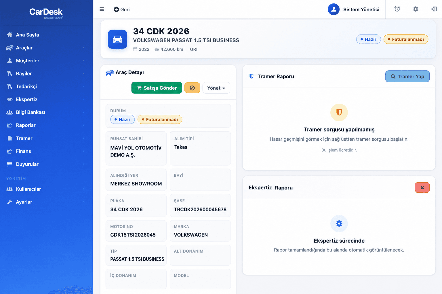 CarDesk ikinci el araç stok yönetimi araç detay ekranı